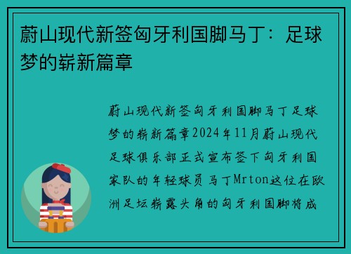 蔚山现代新签匈牙利国脚马丁：足球梦的崭新篇章