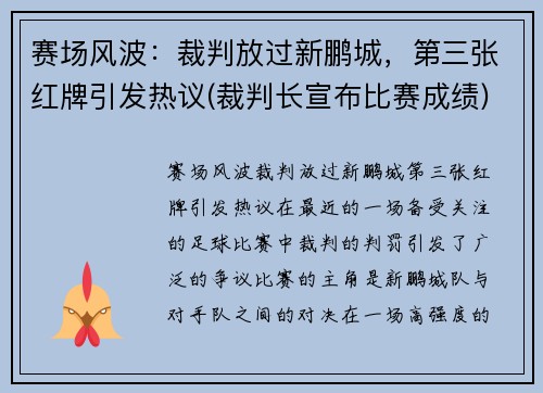 赛场风波：裁判放过新鹏城，第三张红牌引发热议(裁判长宣布比赛成绩)