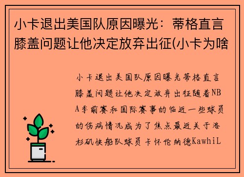 小卡退出美国队原因曝光：蒂格直言膝盖问题让他决定放弃出征(小卡为啥缺席)
