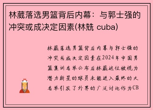 林葳落选男篮背后内幕：与郭士强的冲突或成决定因素(林兟 cuba)