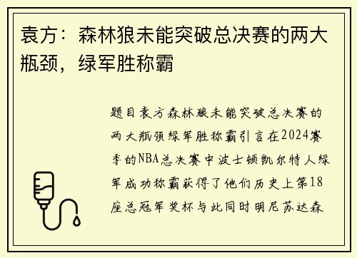 袁方：森林狼未能突破总决赛的两大瓶颈，绿军胜称霸