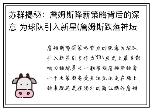 苏群揭秘：詹姆斯降薪策略背后的深意 为球队引入新星(詹姆斯跌落神坛)