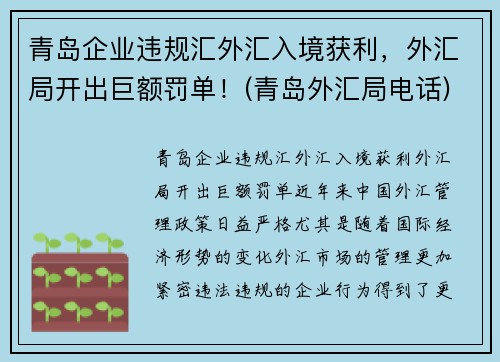 青岛企业违规汇外汇入境获利，外汇局开出巨额罚单！(青岛外汇局电话)