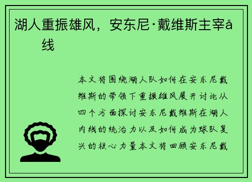湖人重振雄风，安东尼·戴维斯主宰内线
