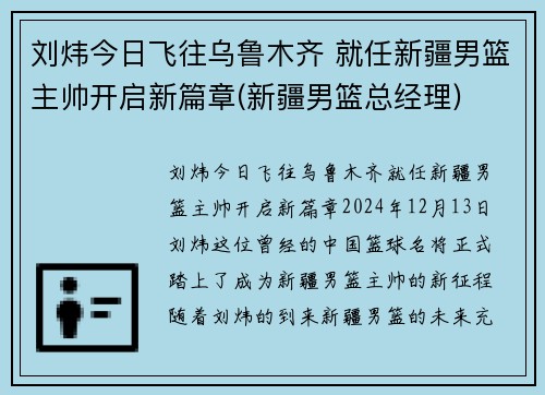 刘炜今日飞往乌鲁木齐 就任新疆男篮主帅开启新篇章(新疆男篮总经理)
