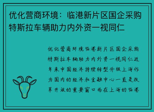 优化营商环境：临港新片区国企采购特斯拉车辆助力内外资一视同仁