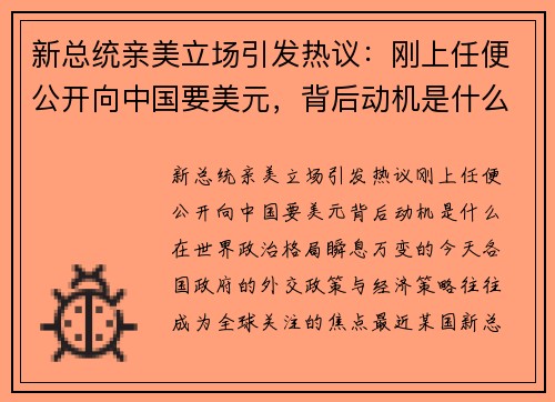 新总统亲美立场引发热议：刚上任便公开向中国要美元，背后动机是什么？