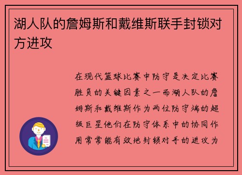 湖人队的詹姆斯和戴维斯联手封锁对方进攻