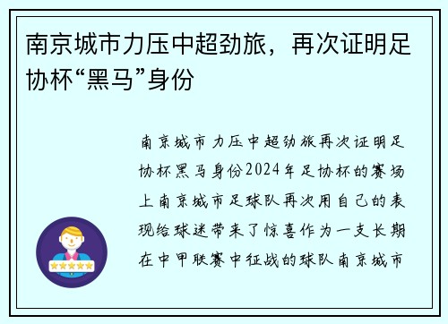 南京城市力压中超劲旅，再次证明足协杯“黑马”身份