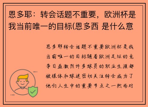 恩多耶：转会话题不重要，欧洲杯是我当前唯一的目标(恩多西 是什么意思)